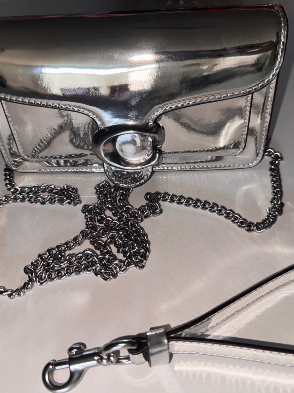 Coach Tabby Metallic Silver Leather Crossbody Wristlet - Picture 3 of 11